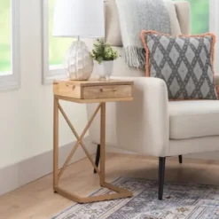 Accent & End Tables-Kirkland's Home Wood Gold Metal X-Frame Base C Table Tan