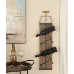 Wall Storage-Kirkland's Home Wood Panel Black Metal Wine Rack Brown