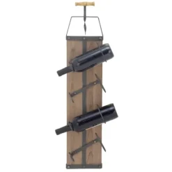 Wall Storage-Kirkland's Home Wood Panel Black Metal Wine Rack Brown