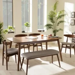 Dining Tables-Kirkland's Home Wood 6-Pc. Mid-Century Modern Dining Set Brown