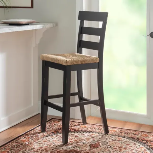 Bar Stools & Counter Height Stools-Kirkland's Home Wood Seagrass Seat Slat Back Bar Stool Black