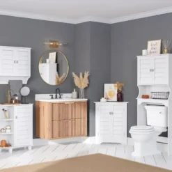Bathroom Furniture-Kirkland's Home Wood Shutter Door Open Shelf Cabinet White