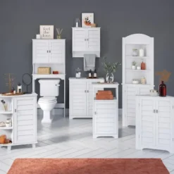 Bathroom Furniture-Kirkland's Home Wood Shutter Door Open Shelf Cabinet White