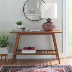 Console Tables-Kirkland's Home Wood Slatted Bottom Shelf Console Table Brown