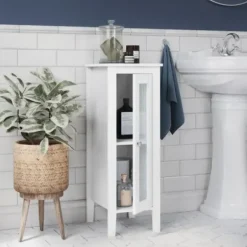 Bathroom Furniture-Kirkland's Home Wood Slim Single Glass Door Floor Cabinet White