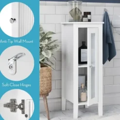Bathroom Furniture-Kirkland's Home Wood Slim Single Glass Door Floor Cabinet White