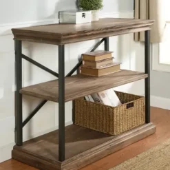 Office Furniture-Kirkland's Home Wood 3-Tier Bookshelf With Black Steel Frame