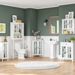 Bathroom Furniture-Kirkland's Home Wood Two Pane Glass Doors Floor Cabinet White