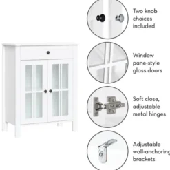 Bathroom Furniture-Kirkland's Home Wood Two Pane Glass Doors Floor Cabinet White