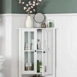 Bathroom Furniture-Kirkland's Home Wood Two Pane Glass Doors Corner Cabinet White
