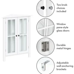 Bathroom Furniture-Kirkland's Home Wood Two Pane Glass Doors Corner Cabinet White
