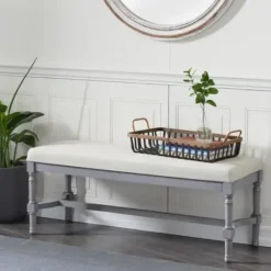 Benches & Ottomans-Kirkland's Home Wood Upholstered Burlap Seat Bench Gray