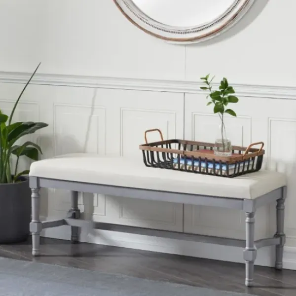 Benches & Ottomans-Kirkland's Home Wood Upholstered Burlap Seat Bench Gray