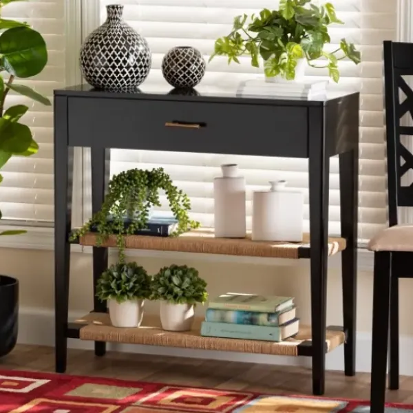 Console Tables-Kirkland's Home Wood Woven Shelves Console Table Black