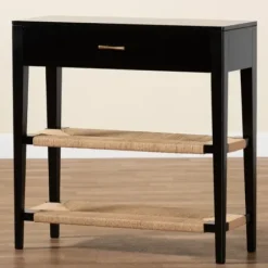 Console Tables-Kirkland's Home Wood Woven Shelves Console Table Black
