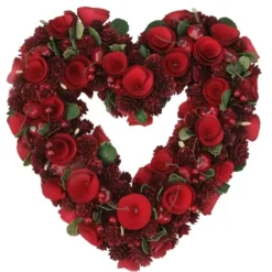 Wreaths-Kirkland's Home Wooden Roses And Cherries Valentine Heart Wreath Red
