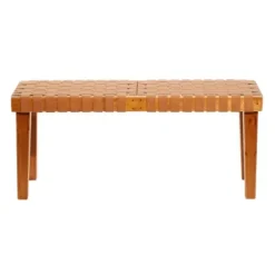 Benches & Ottomans-Kirkland's Home Woven Leather Textured Wood Bench Brown