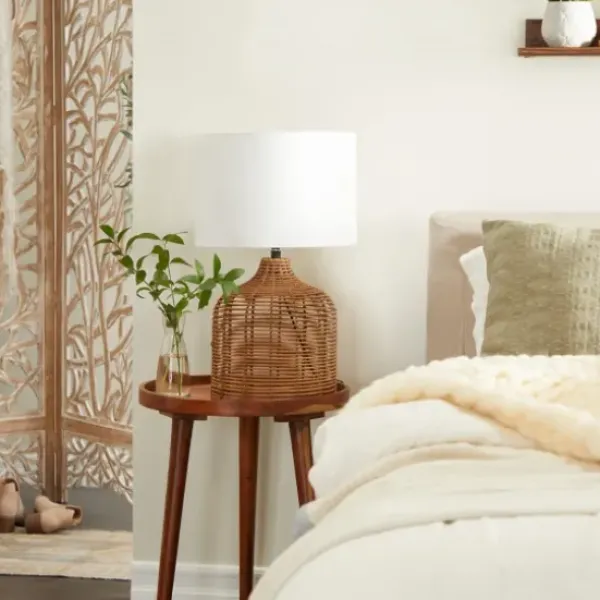 Table Lamps-Kirkland's Home Woven Rattan Base Ivory Shade Table Lamp Brown