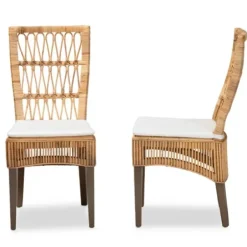 Dining Chairs-Kirkland's Home Woven Rattan White Cushion Dining Chairs, Set Of 2 Tan/White