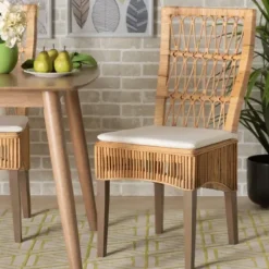 Dining Chairs-Kirkland's Home Woven Rattan White Cushion Dining Chairs, Set Of 2 Tan/White