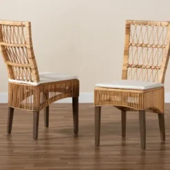 Dining Chairs-Kirkland's Home Woven Rattan White Cushion Dining Chairs, Set Of 2 Tan/White