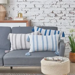 Pillows-Kirkland's Home Woven Tasseled Lumbar Pillow Gray