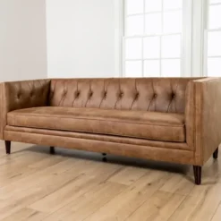 Sofas & Loveseats-Kirkland's Home Wyatt Chester Faux Leather Formal Sofa Brown