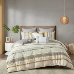 Duvets-Kirkland's Home Yellow Striped Pom Pom 3-Pc. Full/Queen Duvet Set Yellow/Gray