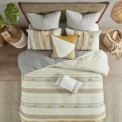 Duvets-Kirkland's Home Yellow Striped Pom Pom 3-Pc. Full/Queen Duvet Set Yellow/Gray