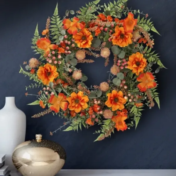 Wreaths-Kirkland's Home Zinnia And Berry Wreath Orange